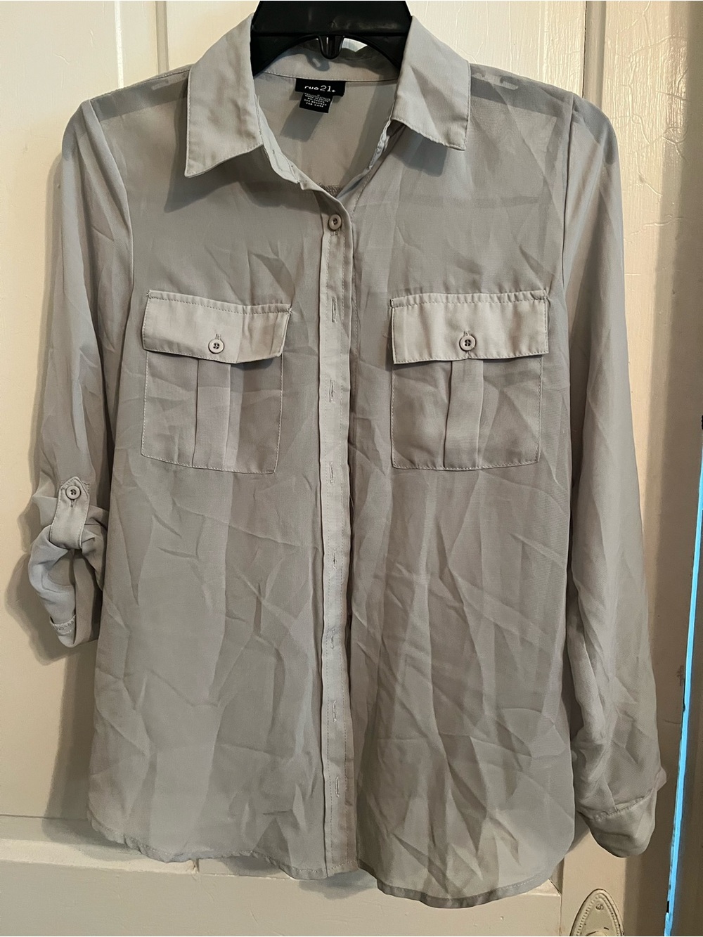 Eyeshadow Light Gray Button-Up Chiffon Blouse